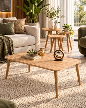 Odera Ceviz Torna Ayaklı Orta Sehpa ve Yuvarlak Zigon Sehpa 4'lü Set İskandinav Modern Salon Sehpası