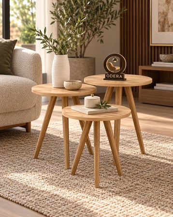 Odera Ceviz Torna Ayaklı Orta Sehpa ve Yuvarlak Zigon Sehpa 4'lü Set İskandinav Modern Salon Sehpası