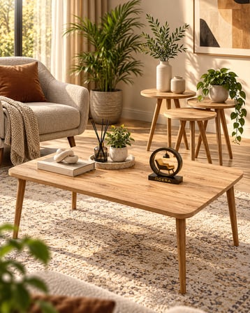 Odera Ceviz Torna Ayaklı Orta Sehpa ve Yuvarlak Zigon Sehpa 4'lü Set İskandinav Modern Salon Sehpası