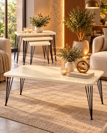 Odera Siyah Ayaklı Orta Sehpa ve Zigon Sehpa 4'lü Set Metal Tel Ayaklı Modern Salon Sehpası