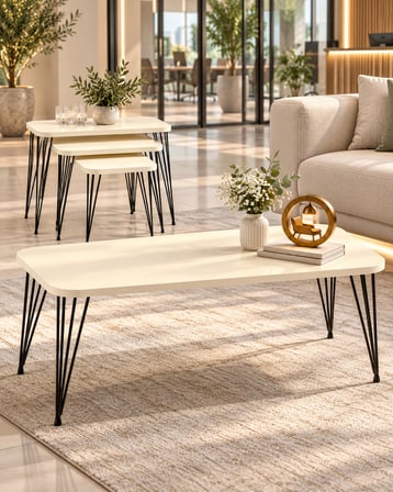 Odera Siyah Ayaklı Orta Sehpa ve Zigon Sehpa 4'lü Set Metal Tel Ayaklı Modern Salon Sehpası