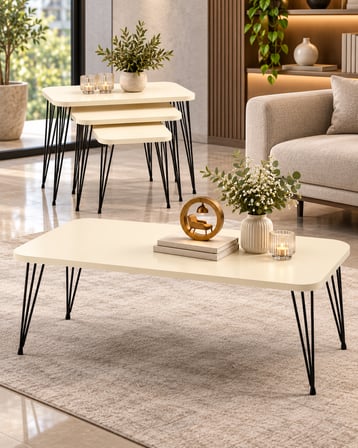 Odera Siyah Ayaklı Orta Sehpa ve Zigon Sehpa 4'lü Set Metal Tel Ayaklı Modern Salon Sehpası