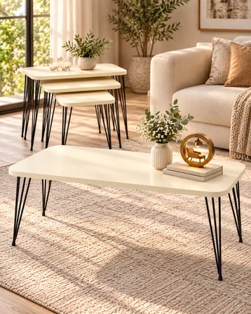 Odera Siyah Ayaklı Orta Sehpa ve Zigon Sehpa 4'lü Set Metal Tel Ayaklı Modern Salon Sehpası