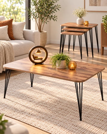 Odera Ceviz Siyah Ayaklı Orta Sehpa ve Zigon Sehpa 4'lü Set Metal Tel Ayaklı Modern Salon Sehpası