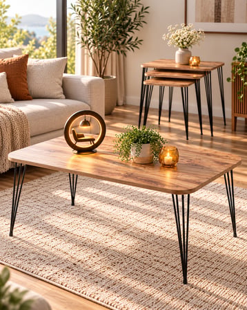 Odera Ceviz Siyah Ayaklı Orta Sehpa ve Zigon Sehpa 4'lü Set Metal Tel Ayaklı Modern Salon Sehpası