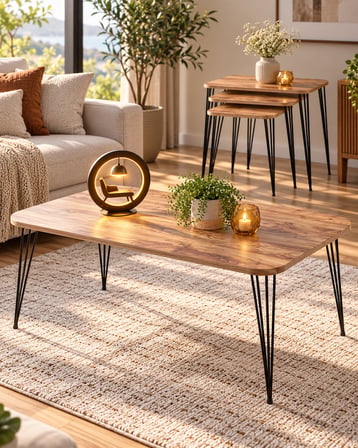 Odera Ceviz Siyah Ayaklı Orta Sehpa ve Zigon Sehpa 4'lü Set Metal Tel Ayaklı Modern Salon Sehpası
