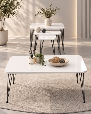 Odera Beyaz Siyah Ayaklı Orta Sehpa ve Zigon Sehpa 4'lü Set Metal Tel Ayaklı Modern Salon Sehpası
