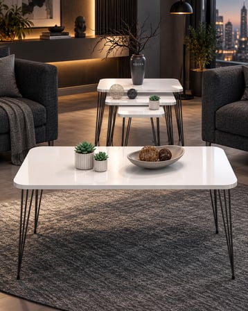Odera Beyaz Siyah Ayaklı Orta Sehpa ve Zigon Sehpa 4'lü Set Metal Tel Ayaklı Modern Salon Sehpası