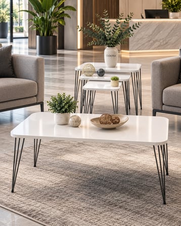 Odera Beyaz Siyah Ayaklı Orta Sehpa ve Zigon Sehpa 4'lü Set Metal Tel Ayaklı Modern Salon Sehpası