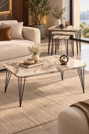 Odera Beyaz Mermer Desenli Orta Sehpa ve Zigon Sehpa 4'lü Set Metal Tel Ayaklı Modern Salon Sehpası