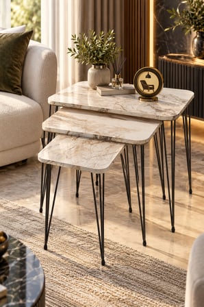 Odera Beyaz Mermer Desenli Orta Sehpa ve Zigon Sehpa 4'lü Set Metal Tel Ayaklı Modern Salon Sehpası