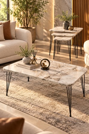 Odera Beyaz Mermer Desenli Orta Sehpa ve Zigon Sehpa 4'lü Set Metal Tel Ayaklı Modern Salon Sehpası