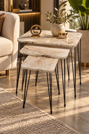 Odera Beyaz Mermer Desenli Orta Sehpa ve Zigon Sehpa 4'lü Set Metal Tel Ayaklı Modern Salon Sehpası