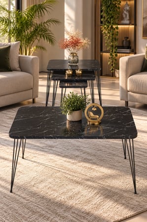 Odera Bendir Siyah Mermer Desenli Orta Sehpa ve Zigon Sehpa 4'lü Set Siyah Metal Ayaklı Modern Salon