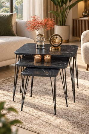 Odera Bendir Siyah Mermer Desenli Orta Sehpa ve Zigon Sehpa 4'lü Set Siyah Metal Ayaklı Modern Salon