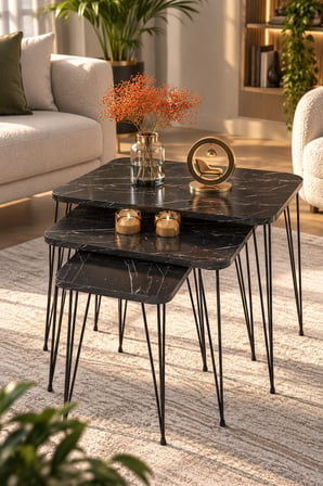 Odera Bendir Siyah Mermer Desenli Orta Sehpa ve Zigon Sehpa 4'lü Set Siyah Metal Ayaklı Modern Salon