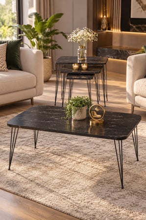 Odera Bendir Siyah Mermer Desenli Orta Sehpa ve Zigon Sehpa 4'lü Set Siyah Metal Ayaklı Modern Salon