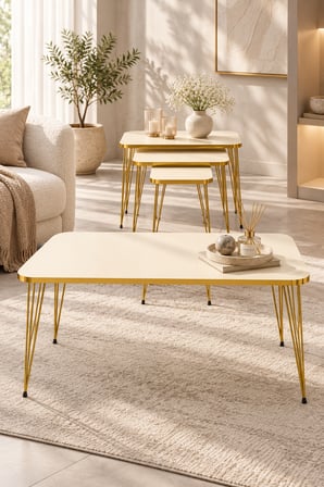 Odera Orta Sehpa ve Zigon Sehpa 4'lü Set Metal Tel Ayaklı Modern Retro Salon Sehpası