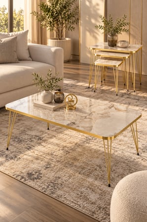 Odera Efes Beyaz Mermer Desenli Orta Sehpa ve Zigon Sehpa 4'lü Set Metal Tel Ayaklı Modern Retro Sal
