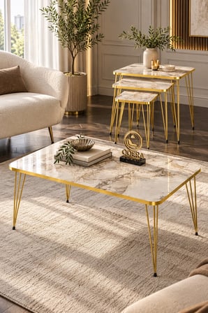 Odera Efes Beyaz Mermer Desenli Orta Sehpa ve Zigon Sehpa 4'lü Set Metal Tel Ayaklı Modern Retro Sal
