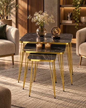 Odera Bendir Siyah Mermer Desenli Orta Sehpa ve Zigon Sehpa 4'lü Set Metal Tel Ayaklı Modern Retro S