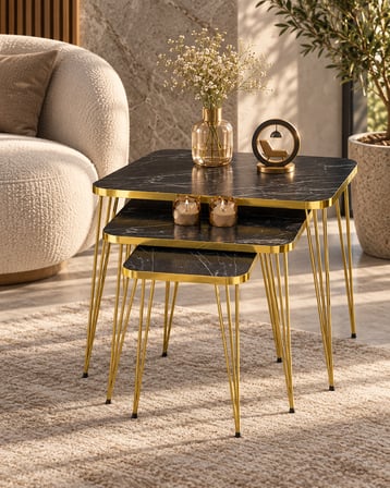 Odera Bendir Siyah Mermer Desenli Orta Sehpa ve Zigon Sehpa 4'lü Set Metal Tel Ayaklı Modern Retro S