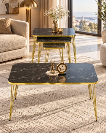 Odera Bendir Siyah Mermer Desenli Orta Sehpa ve Zigon Sehpa 4'lü Set Metal Tel Ayaklı Modern Retro S