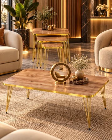 Odera Ceviz Orta Sehpa ve Zigon Sehpa 4'lü Set Metal Tel Ayaklı Modern Retro Salon Sehpası