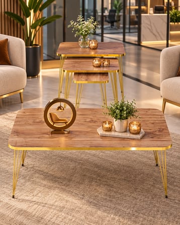 Odera Ceviz Orta Sehpa ve Zigon Sehpa 4'lü Set Metal Tel Ayaklı Modern Retro Salon Sehpası