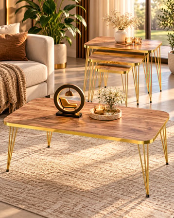Odera Ceviz Orta Sehpa ve Zigon Sehpa 4'lü Set Metal Tel Ayaklı Modern Retro Salon Sehpası