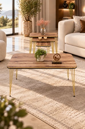 Odera Çift Ceviz Orta Sehpa ve Zigon Sehpa 4'lü Set Metal Tel Ayaklı Modern Retro Salon Sehpası