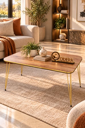 Odera Çift Ceviz Orta Sehpa ve Zigon Sehpa 4'lü Set Metal Tel Ayaklı Modern Retro Salon Sehpası