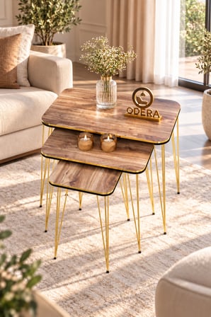 Odera Çift Ceviz Orta Sehpa ve Zigon Sehpa 4'lü Set Metal Tel Ayaklı Modern Retro Salon Sehpası