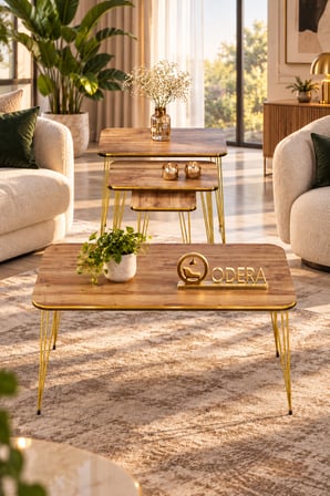 Odera Çift Ceviz Orta Sehpa ve Zigon Sehpa 4'lü Set Metal Tel Ayaklı Modern Retro Salon Sehpası
