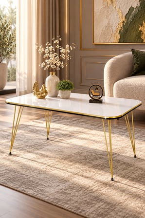 Odera Çift Beyaz Orta Sehpa ve Zigon Sehpa 4'lü Set Metal Tel Ayaklı Modern Retro Salon Sehpası