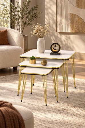 Odera Çift Beyaz Orta Sehpa ve Zigon Sehpa 4'lü Set Metal Tel Ayaklı Modern Retro Salon Sehpası