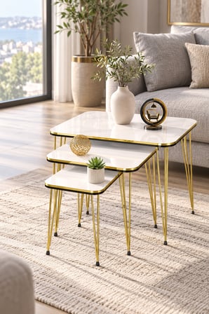 Odera Çift Beyaz Orta Sehpa ve Zigon Sehpa 4'lü Set Metal Tel Ayaklı Modern Retro Salon Sehpası