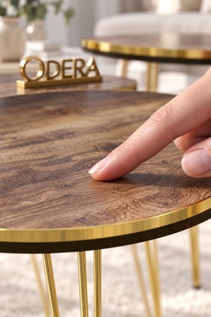 Odera Çift Ceviz Elips Orta Sehpa ve Yuvarlak Zigon Sehpa 4'lü Set Metal Tel Ayaklı Modern Retro Sal
