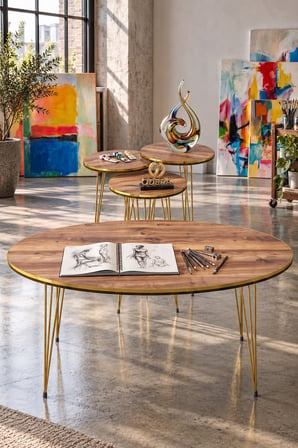 Odera Çift Ceviz Elips Orta Sehpa ve Yuvarlak Zigon Sehpa 4'lü Set Metal Tel Ayaklı Modern Retro Sal