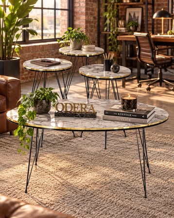 Odera Efes Beyaz Mermer Desenli Elips Orta Sehpa ve Zigon Sehpa 4'lü Set Siyah Tel Metal Ayaklı Mode