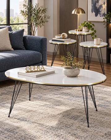 Odera Çift Altın Beyaz Elips Orta Sehpa ve Zigon Sehpa 4'lü Set Siyah Tel Metal Ayaklı Modern Retro 
