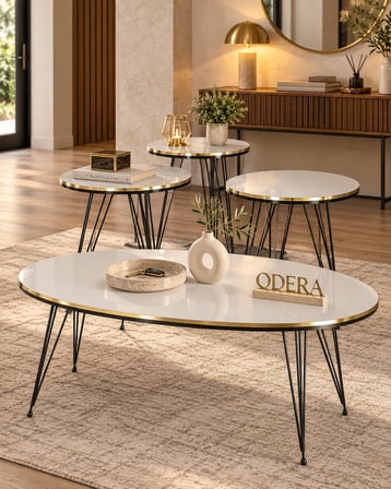 Odera Çift Altın Beyaz Elips Orta Sehpa ve Zigon Sehpa 4'lü Set Siyah Tel Metal Ayaklı Modern Retro 