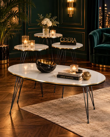 Odera Çift Altın Beyaz Elips Orta Sehpa ve Zigon Sehpa 4'lü Set Siyah Tel Metal Ayaklı Modern Retro 