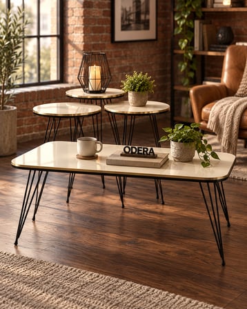 Odera Orta Sehpa ve Yuvarlak Zigon Sehpa 4'lü Set Siyah Tel Metal Ayaklı Retro Modern Salon Sehpası