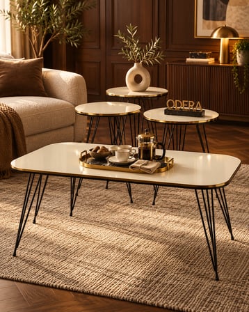 Odera Orta Sehpa ve Yuvarlak Zigon Sehpa 4'lü Set Siyah Tel Metal Ayaklı Retro Modern Salon Sehpası