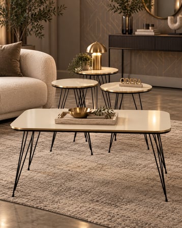 Odera Orta Sehpa ve Yuvarlak Zigon Sehpa 4'lü Set Siyah Tel Metal Ayaklı Retro Modern Salon Sehpası