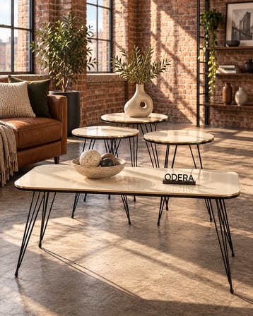 Odera Orta Sehpa ve Yuvarlak Zigon Sehpa 4'lü Set Siyah Tel Metal Ayaklı Retro Modern Salon Sehpası