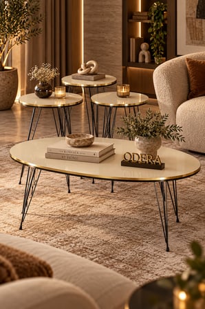Odera Çift Altın Elips Orta Sehpa ve Zigon Sehpa 4'lü Set Siyah Tel Metal Ayaklı Modern Retro Salon 