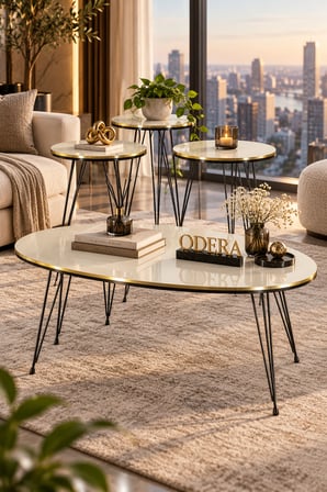 Odera Çift Altın Elips Orta Sehpa ve Zigon Sehpa 4'lü Set Siyah Tel Metal Ayaklı Modern Retro Salon 