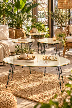 Odera Çift Altın Elips Orta Sehpa ve Zigon Sehpa 4'lü Set Siyah Tel Metal Ayaklı Modern Retro Salon 